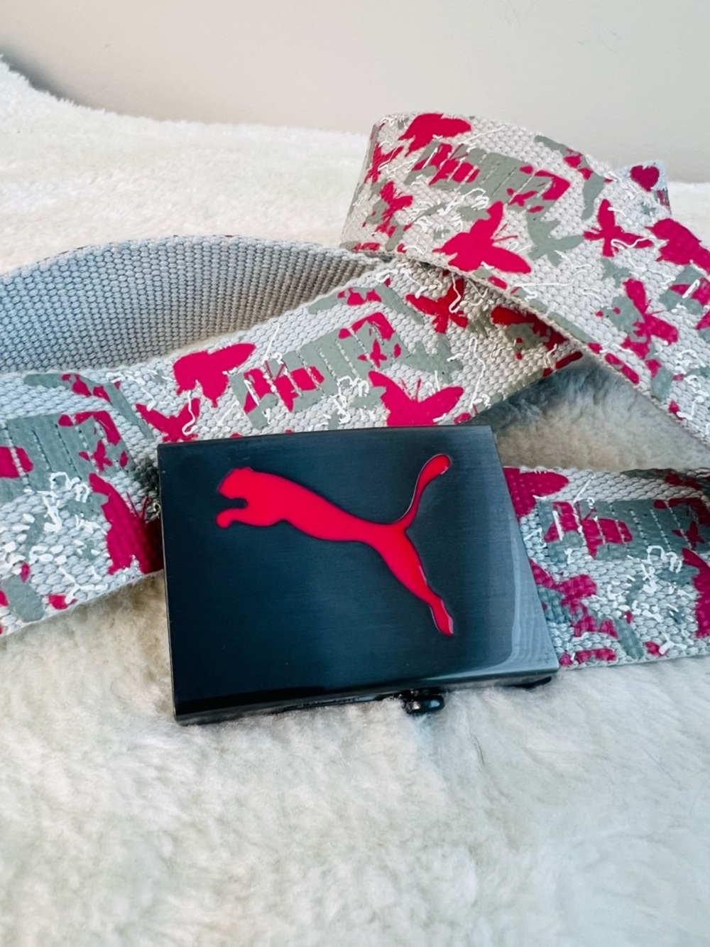 Puma Gray Web Belt with Pink Butterfly Camo and Black Buckle